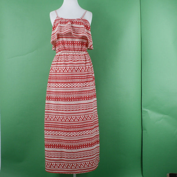 Indulge Sz M Red Beige Long Ruffle Neck Elastic Waist 16" Slit Poly Maxi Dress