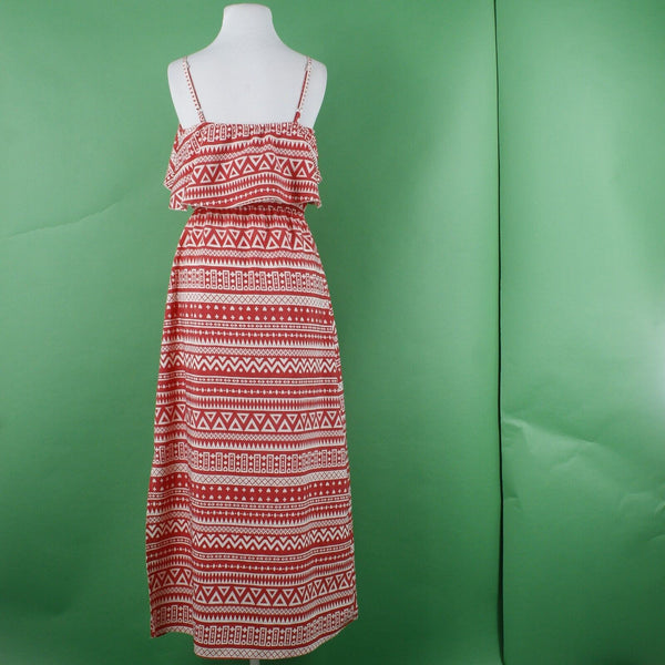 Indulge Sz M Red Beige Long Ruffle Neck Elastic Waist 16" Slit Poly Maxi Dress