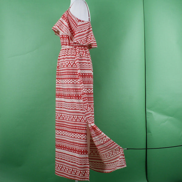 Indulge Sz M Red Beige Long Ruffle Neck Elastic Waist 16" Slit Poly Maxi Dress