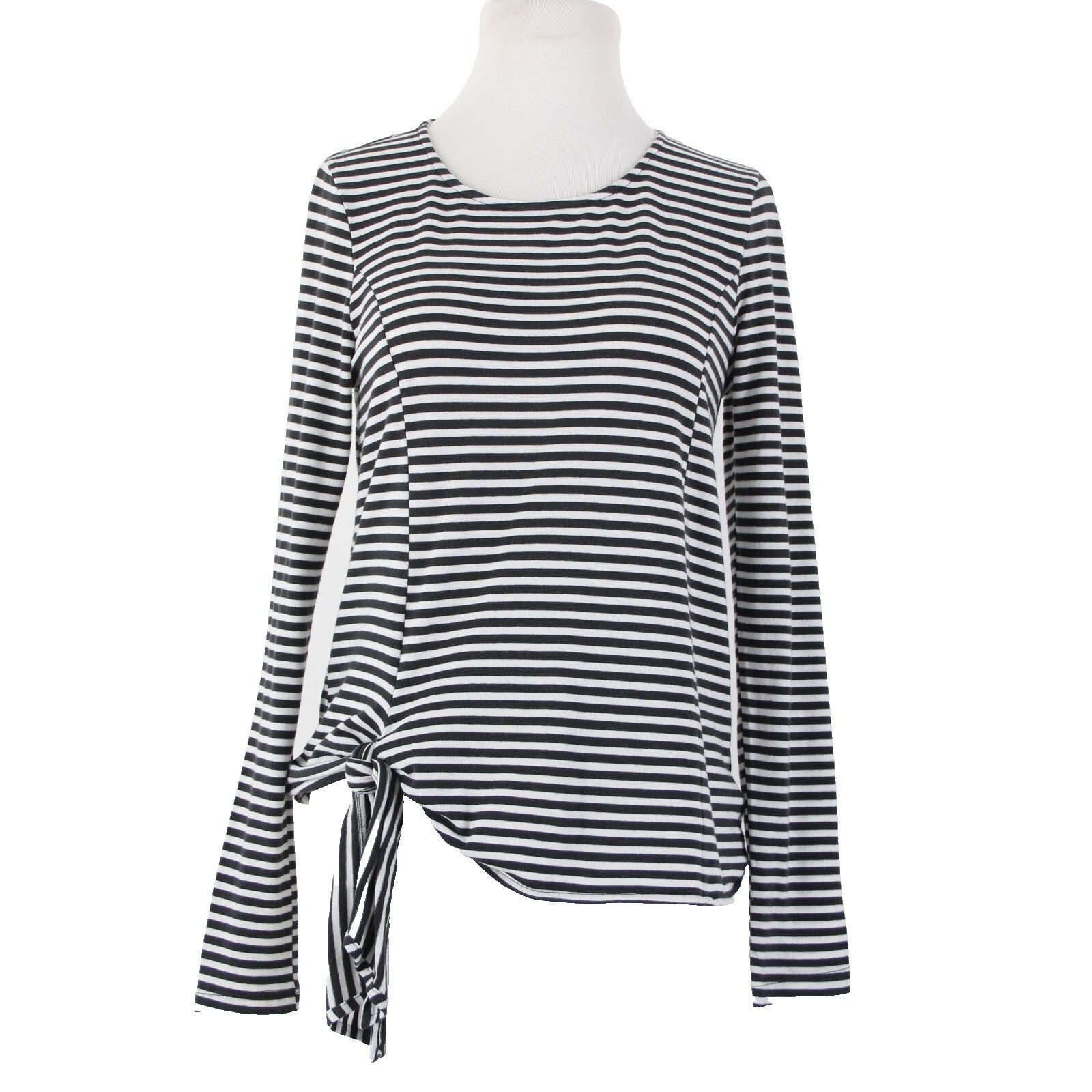 T. La Sz XS Black White Striped Tie Side Round Neck Cotton Polyester Top