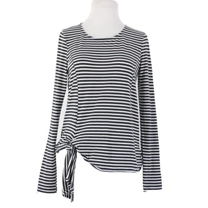 T. La Sz XS Black White Striped Tie Side Round Neck Cotton Polyester Top