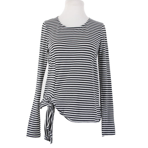 T. La Sz XS Black White Striped Tie Side Round Neck Cotton Polyester Top