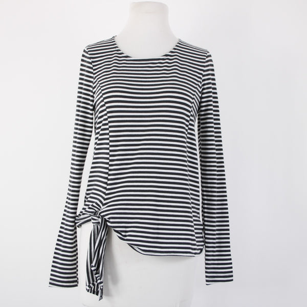 T. La Sz XS Black White Striped Tie Side Round Neck Cotton Polyester Top