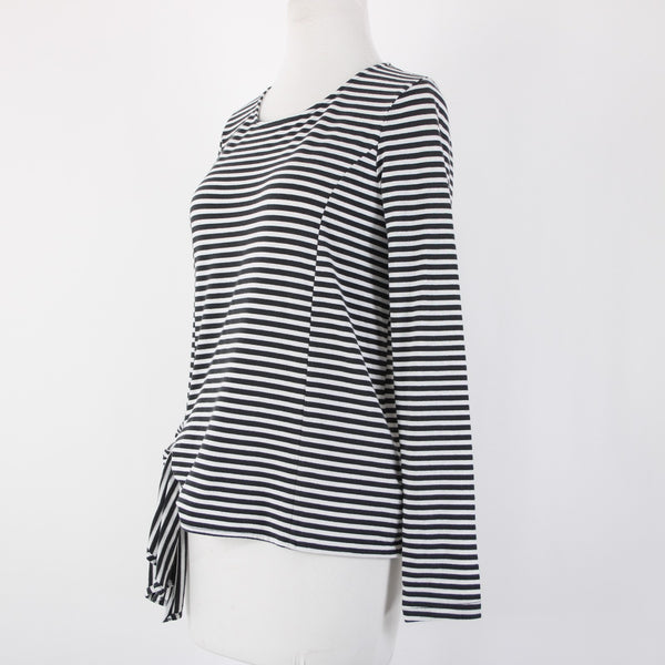 T. La Sz XS Black White Striped Tie Side Round Neck Cotton Polyester Top