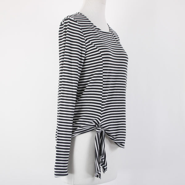T. La Sz XS Black White Striped Tie Side Round Neck Cotton Polyester Top