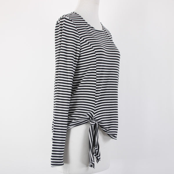 T. La Sz XS Black White Striped Tie Side Round Neck Cotton Polyester Top