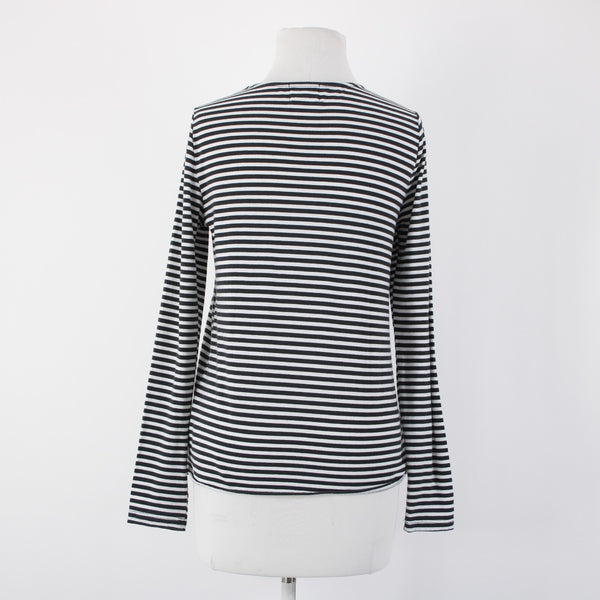 T. La Sz XS Black White Striped Tie Side Round Neck Cotton Polyester Top