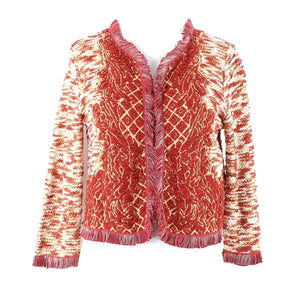 Lucky Brand Sz XS Red Tan Ivory Knubby Fringe Open All Cotton Knit Cardigan