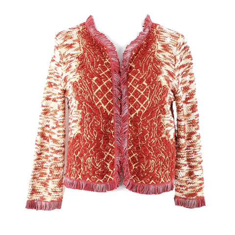 Lucky Brand Sz XS Red Tan Ivory Knubby Fringe Open All Cotton Knit Cardigan