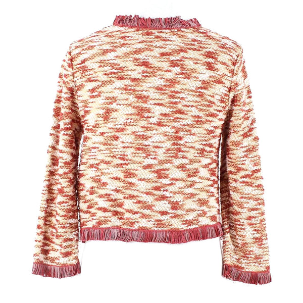 Lucky Brand Sz XS Red Tan Ivory Knubby Fringe Open All Cotton Knit Cardigan