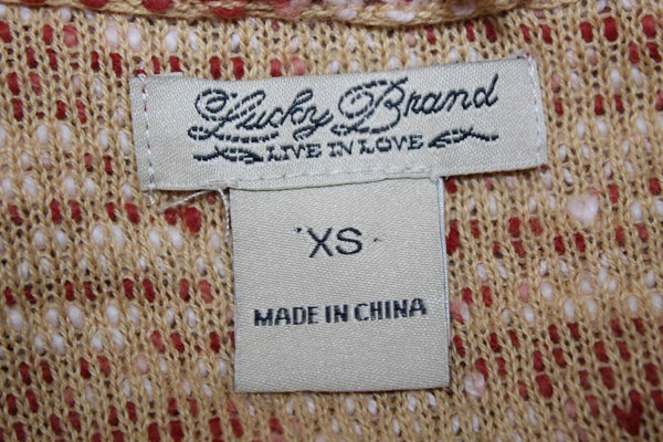 Lucky Brand Sz XS Red Tan Ivory Knubby Fringe Open All Cotton Knit Cardigan