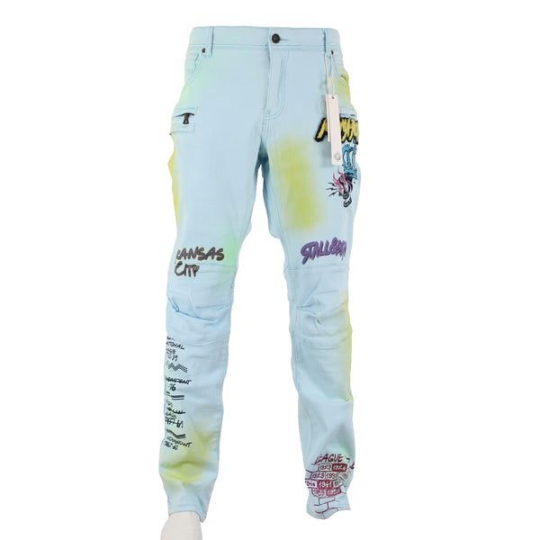 Stall & Dean Jeans NEW $120 Sz 42 x 34 Blue Yellow Multi Cotton Spandex Jeans