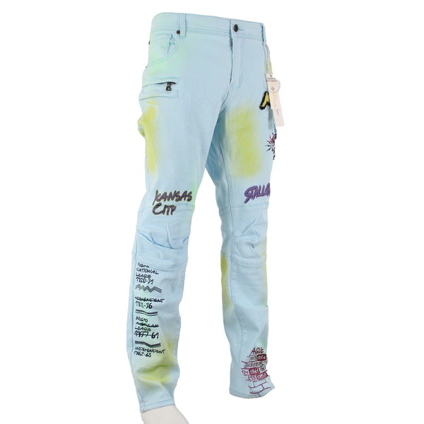 Stall & Dean Jeans NEW $120 Sz 42 x 34 Blue Yellow Multi Cotton Spandex Jeans