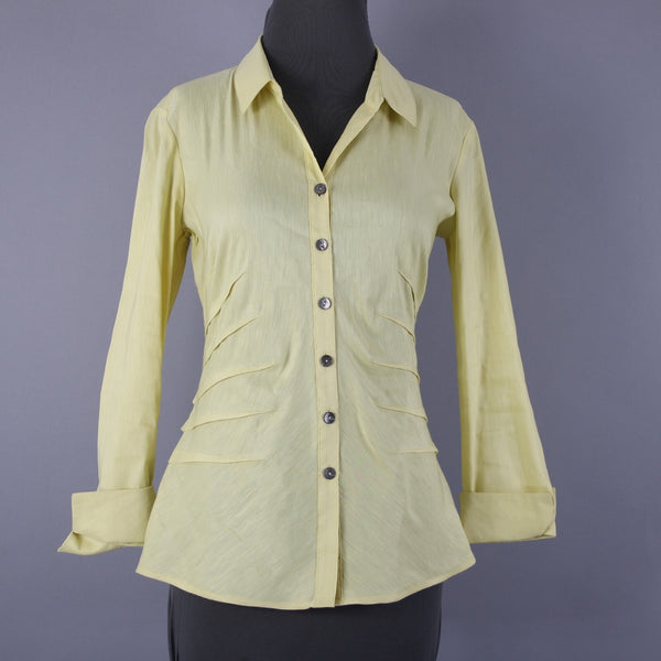 Nic + Zoe Sz S Yellow Collar Button 3/4 Sleeve Linen Polyester Blend Classic Top