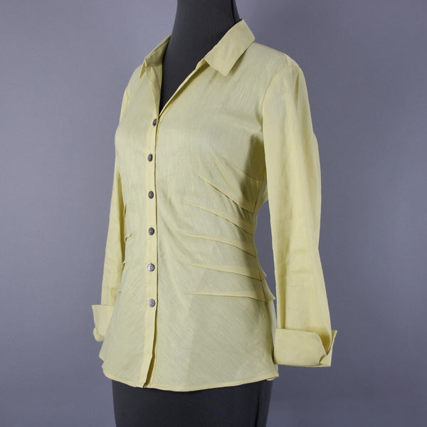 Nic + Zoe Sz S Yellow Collar Button 3/4 Sleeve Linen Polyester Blend Classic Top