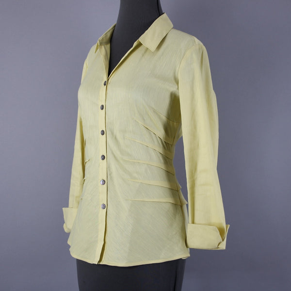Nic + Zoe Sz S Yellow Collar Button 3/4 Sleeve Linen Polyester Blend Classic Top