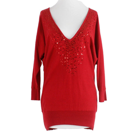 New York and Company Sz S Red V Neck Sequin Ribbed Dolman Cotton Blend Sweater
