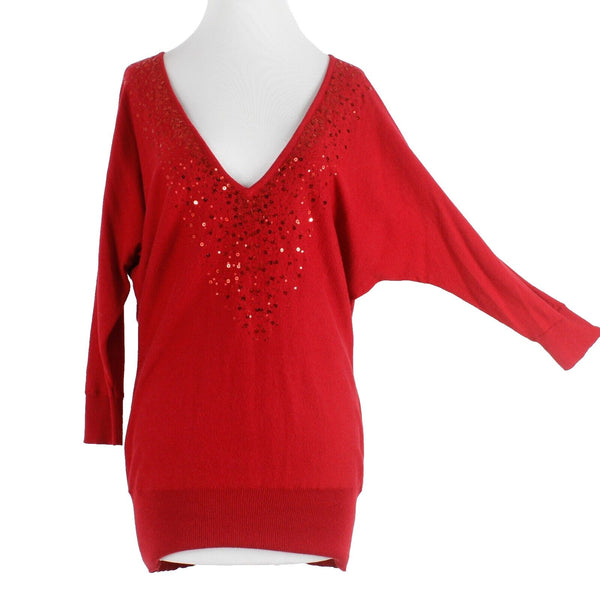 New York and Company Sz S Red V Neck Sequin Ribbed Dolman Cotton Blend Sweater