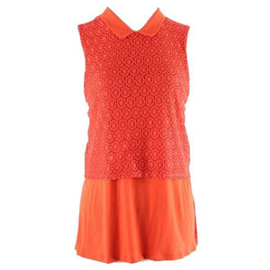ELLE Sz L Red Orange Lace Overlay Split Side Layered Rayon Nylon Blend Top