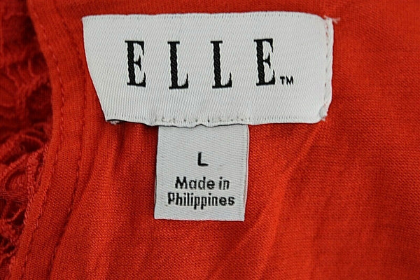 ELLE Sz L Red Orange Lace Overlay Split Side Layered Rayon Nylon Blend Top