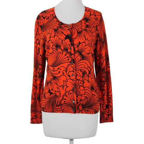 Talbots NEW Sz LP Reddish Orange Black Button Round Neck Cotton Cardigan Sweater
