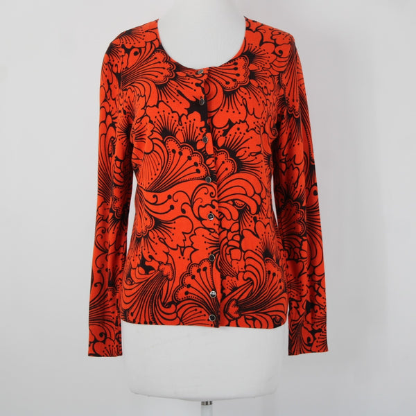 Talbots NEW Sz LP Reddish Orange Black Button Round Neck Cotton Cardigan Sweater