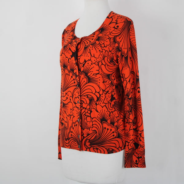 Talbots NEW Sz LP Reddish Orange Black Button Round Neck Cotton Cardigan Sweater