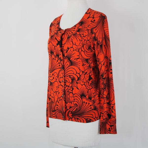 Talbots NEW Sz LP Reddish Orange Black Button Round Neck Cotton Cardigan Sweater