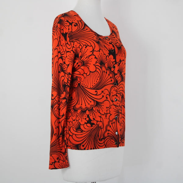 Talbots NEW Sz LP Reddish Orange Black Button Round Neck Cotton Cardigan Sweater
