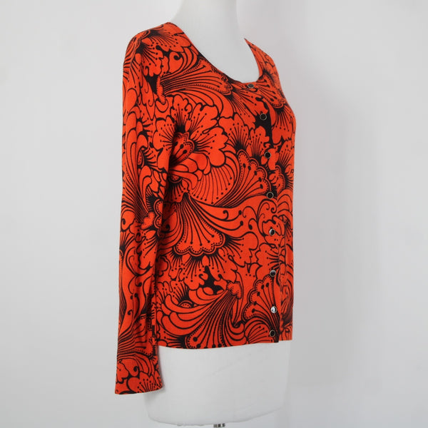 Talbots NEW Sz LP Reddish Orange Black Button Round Neck Cotton Cardigan Sweater