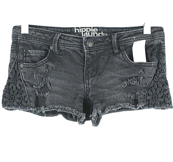 Hippie Laundry 0 x 2.5 Black Distressed Lace Applique Spandex Cotton Short