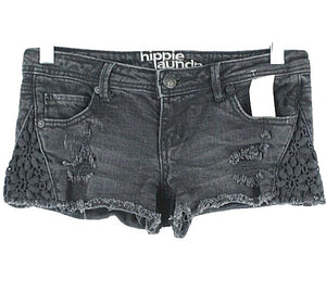 Hippie Laundry 0 x 2.5 Black Distressed Lace Applique Spandex Cotton Short