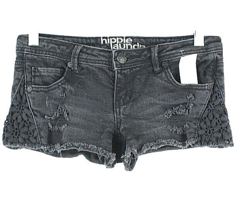 Hippie Laundry 0 x 2.5 Black Distressed Lace Applique Spandex Cotton Short
