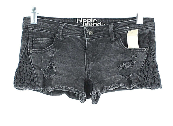 Hippie Laundry 0 x 2.5 Black Distressed Lace Applique Spandex Cotton Short