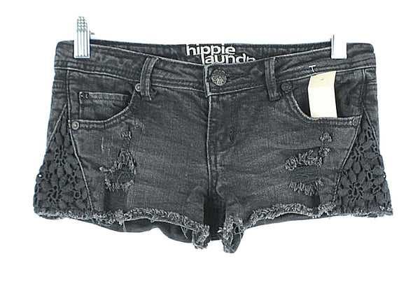 Hippie Laundry 0 x 2.5 Black Distressed Lace Applique Spandex Cotton Short