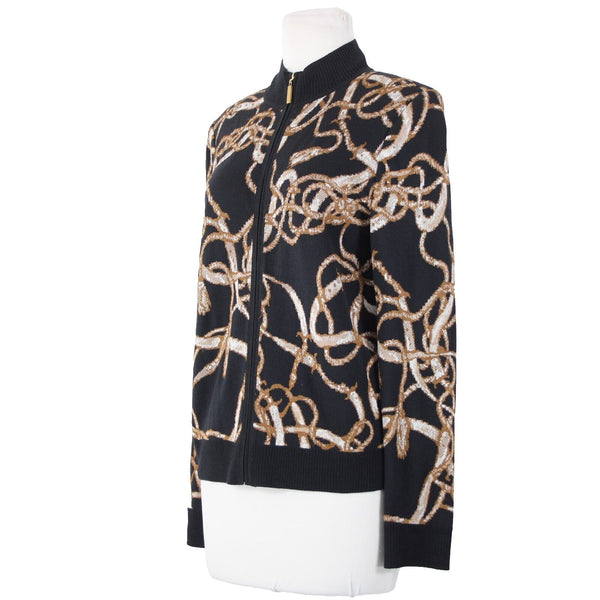 St John Sport Sz S Black Brown Cream Collared Zip Rayon Wool Knit Jacket