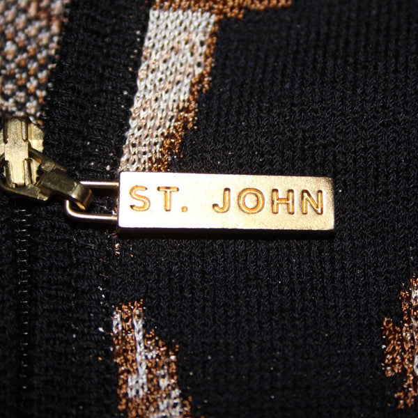 St John Sport Sz S Black Brown Cream Collared Zip Rayon Wool Knit Jacket
