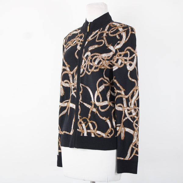 St John Sport Sz S Black Brown Cream Collared Zip Rayon Wool Knit Jacket
