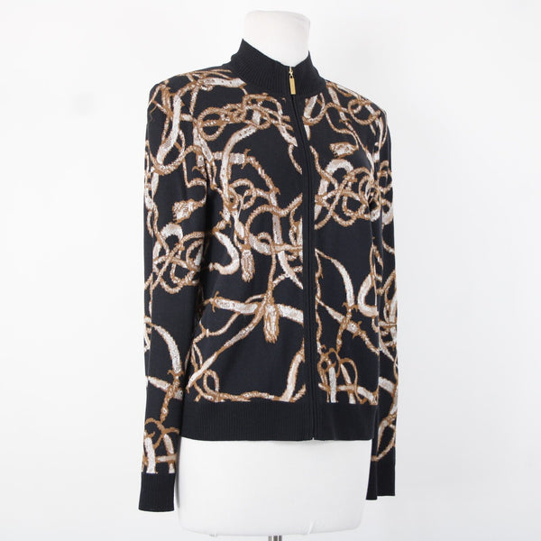 St John Sport Sz S Black Brown Cream Collared Zip Rayon Wool Knit Jacket