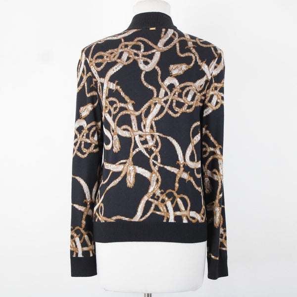 St John Sport Sz S Black Brown Cream Collared Zip Rayon Wool Knit Jacket