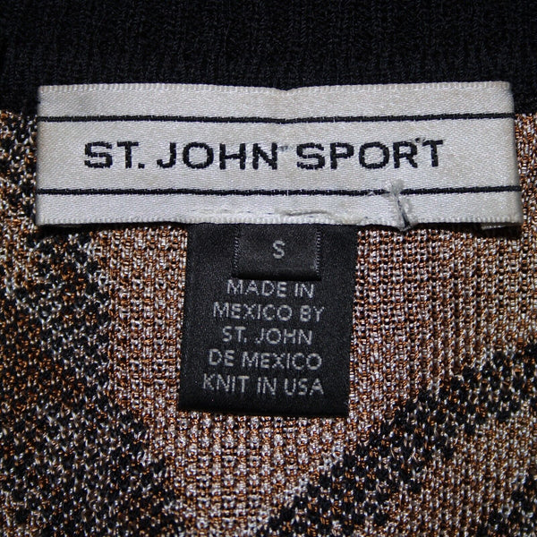 St John Sport Sz S Black Brown Cream Collared Zip Rayon Wool Knit Jacket