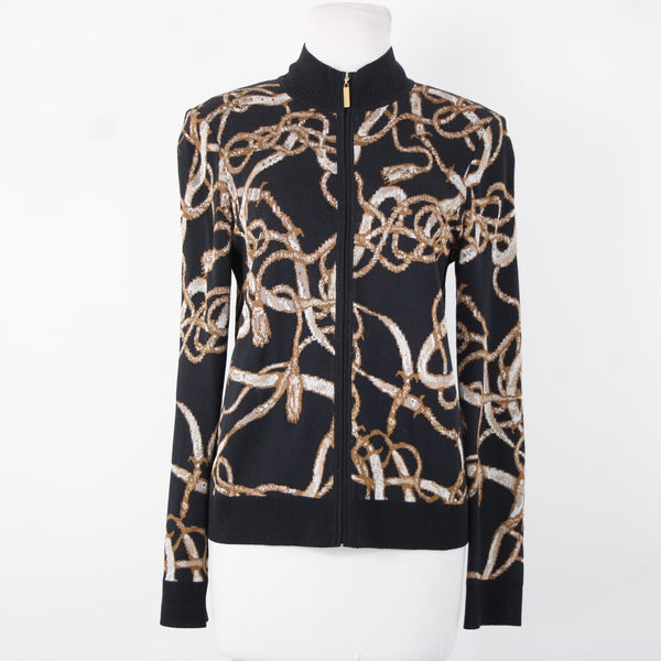 St John Sport Sz S Black Brown Cream Collared Zip Rayon Wool Knit Jacket