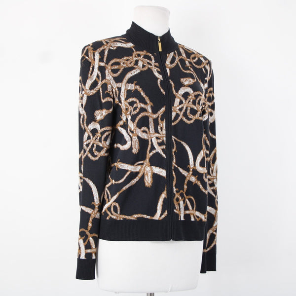 St John Sport Sz S Black Brown Cream Collared Zip Rayon Wool Knit Jacket