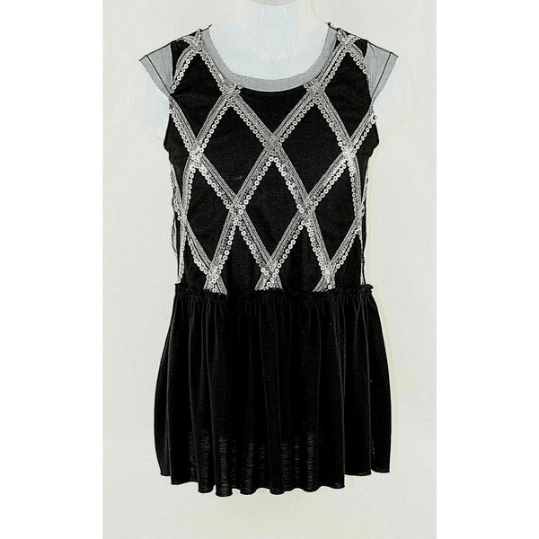 Guess L/14 Black Silver Sequin Embroidered Polyester Rayon Girls Top