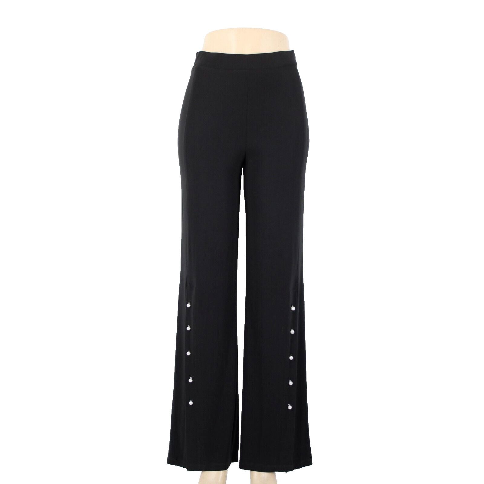 Frank Lyman Sz 4 x 34 Black Faux Pearl Trimmed Slit Elastic Waist Polyester Pant