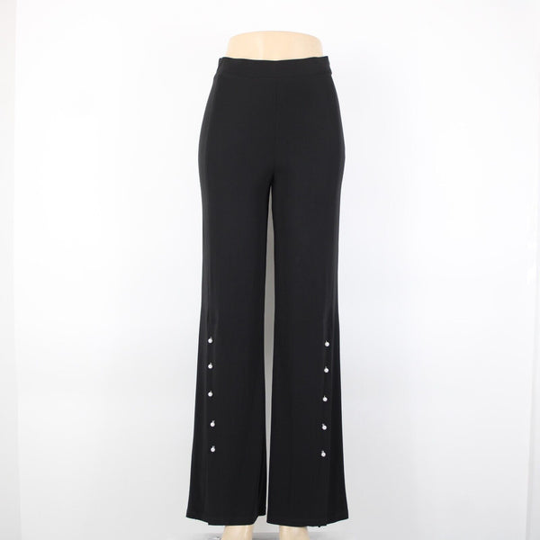 Frank Lyman Sz 4 x 34 Black Faux Pearl Trimmed Slit Elastic Waist Polyester Pant