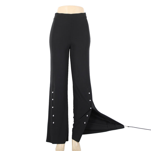 Frank Lyman Sz 4 x 34 Black Faux Pearl Trimmed Slit Elastic Waist Polyester Pant