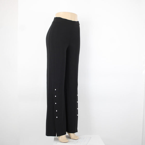 Frank Lyman Sz 4 x 34 Black Faux Pearl Trimmed Slit Elastic Waist Polyester Pant
