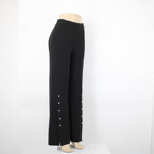 Frank Lyman Sz 4 x 34 Black Faux Pearl Trimmed Slit Elastic Waist Polyester Pant
