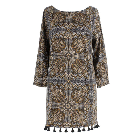 J Jill NEW $79 Sz M Black Tan Paisley Tassel Trim Hem Cotton Modal Top